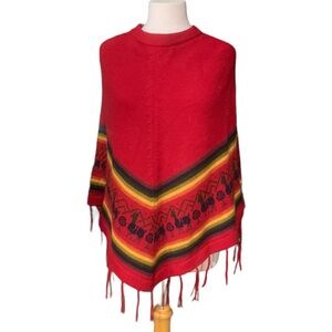 Vintage EUC Summer Weight Alpaca Red Patterned Poncho Sweater with Fringe Medium